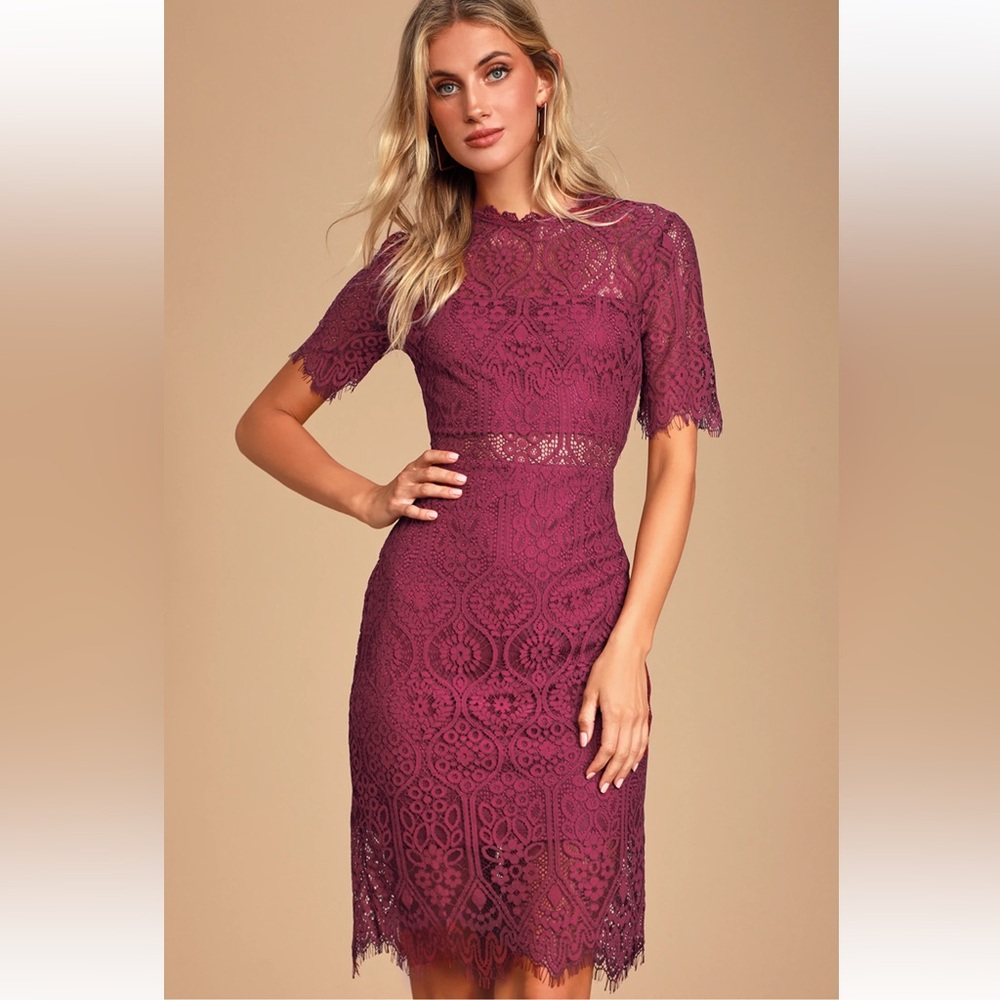 Lulus Remarkable Burgundy Sheer Lace Short Sleeve Mini Dress - Size M